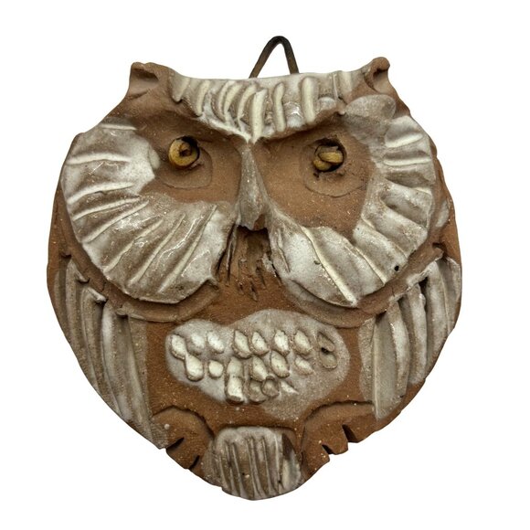 3 Handmade Art Pottery Owl Wall Hangings Rustic Textures Natural Tones Signed - Picture 7 of 10